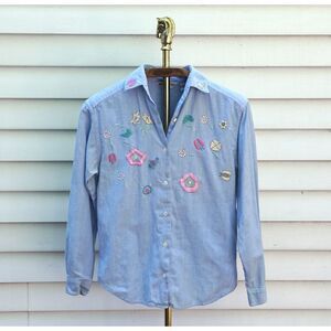 Vintage 90s Embroidered Floral Blue Cotton Button Front Collared Blouse